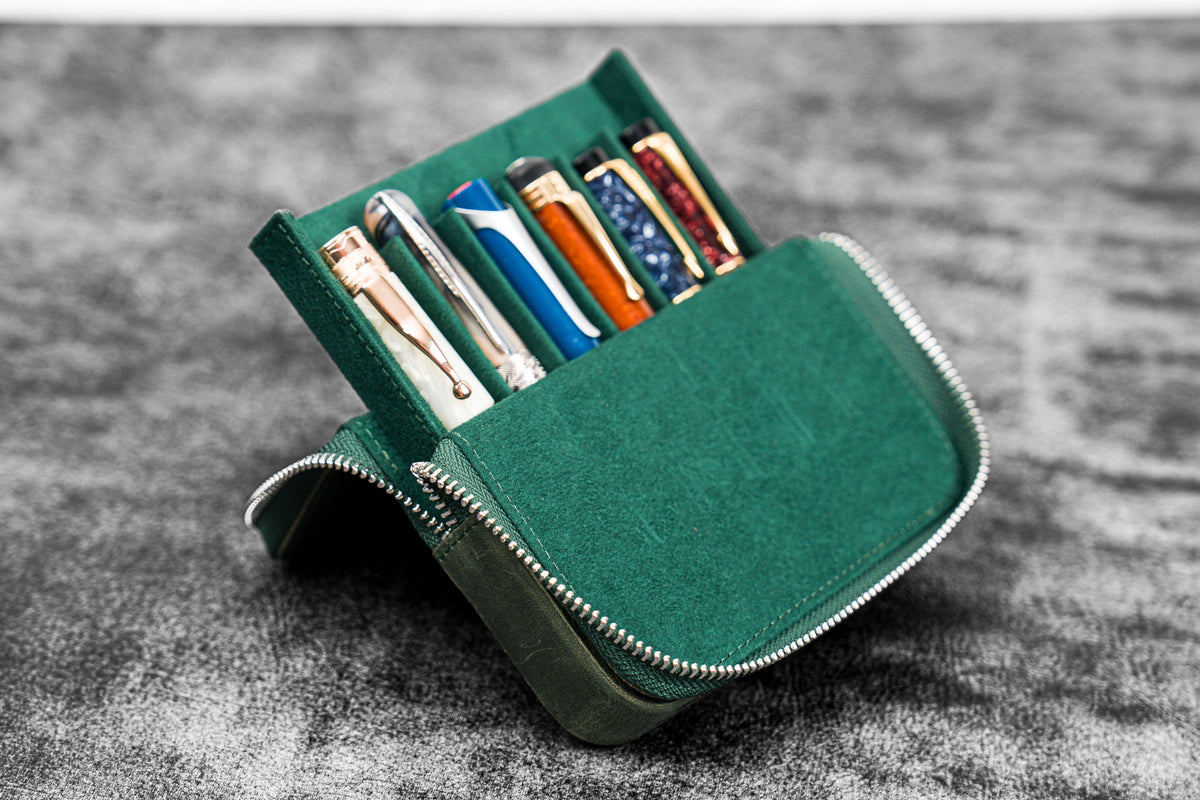 Galen Leather Zippered 6 Slots Magnum Opus Pen Case - Crazy Horse Forest Green