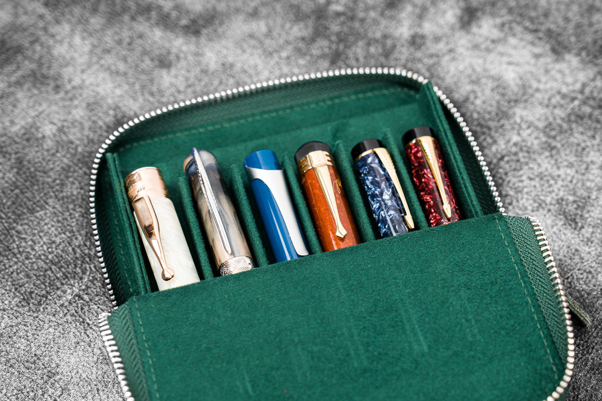 Galen Leather Zippered 6 Slots Magnum Opus Pen Case - Crazy Horse Forest Green