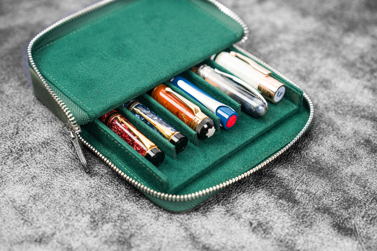Galen Leather Zippered 6 Slots Magnum Opus Pen Case - Crazy Horse Forest Green