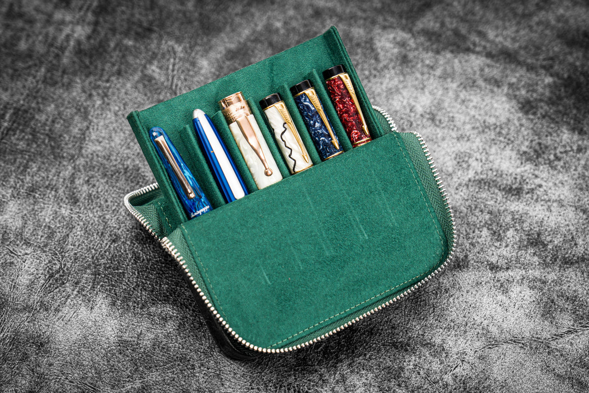 Galen Leather Zippered 6 Slots Magnum Opus Pen Case - Crazy Horse Forest Green