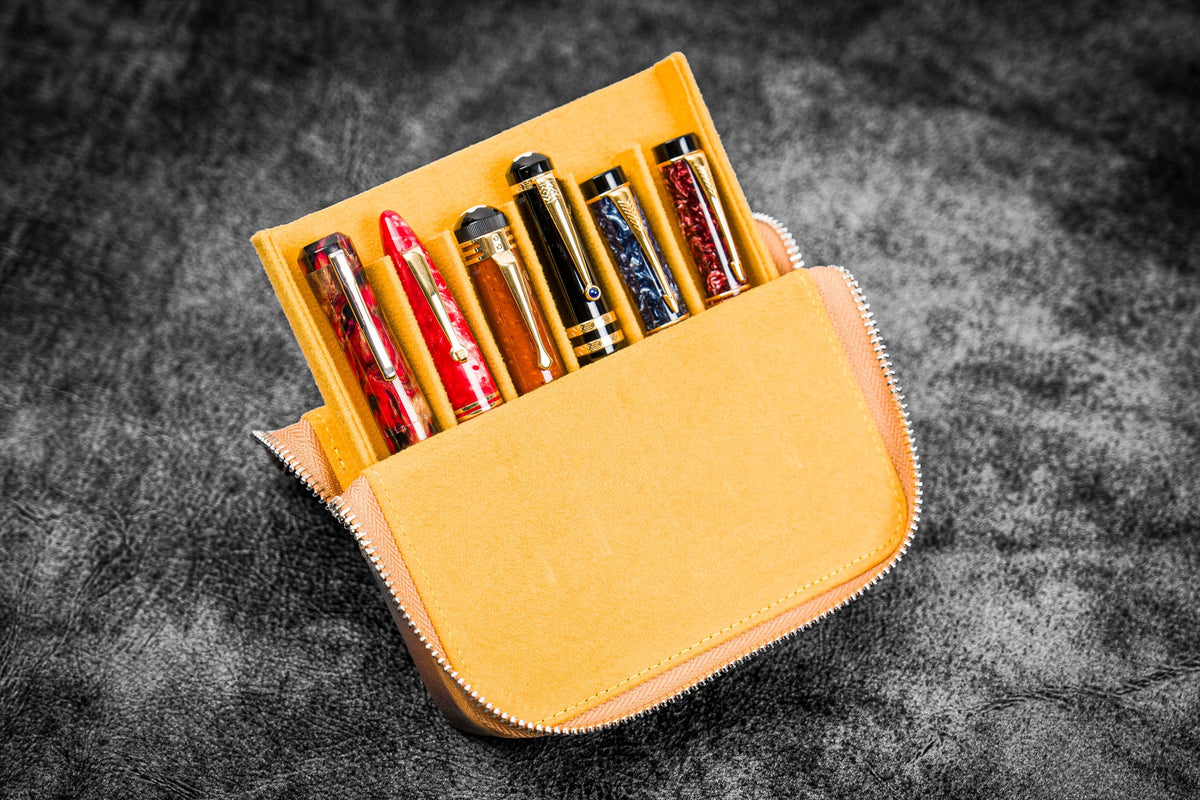 Galen Leather Zippered 6 Slots Magnum Opus Pen Case - Crazy Horse Honey Ochre