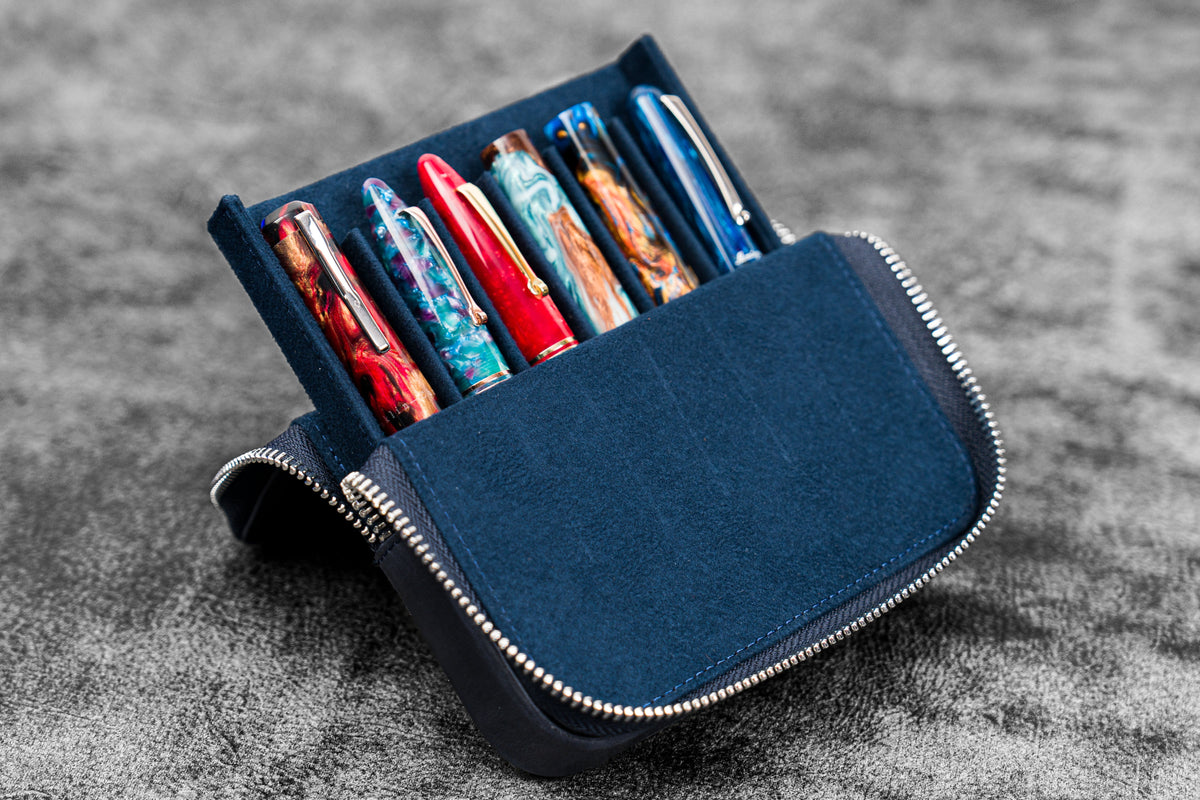 Galen Leather Zippered 6 Slots Magnum Opus Pen Case - Crazy Horse Navy Blue