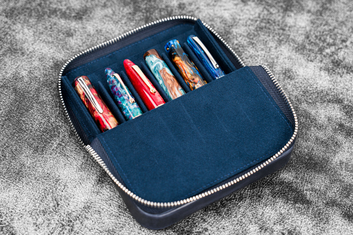 Galen Leather Zippered 6 Slots Magnum Opus Pen Case - Crazy Horse Navy Blue