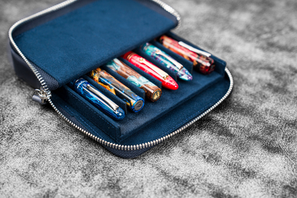 Galen Leather Zippered 6 Slots Magnum Opus Pen Case - Crazy Horse Navy Blue