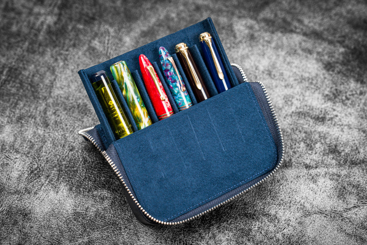Galen Leather Zippered 6 Slots Magnum Opus Pen Case - Crazy Horse Navy Blue