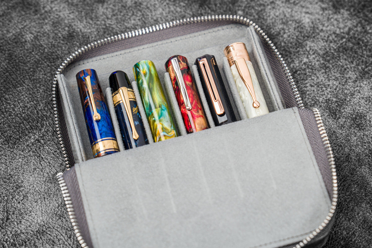 Galen Leather Zippered 6 Slots Magnum Opus Pen Case - Crazy Horse Smoky