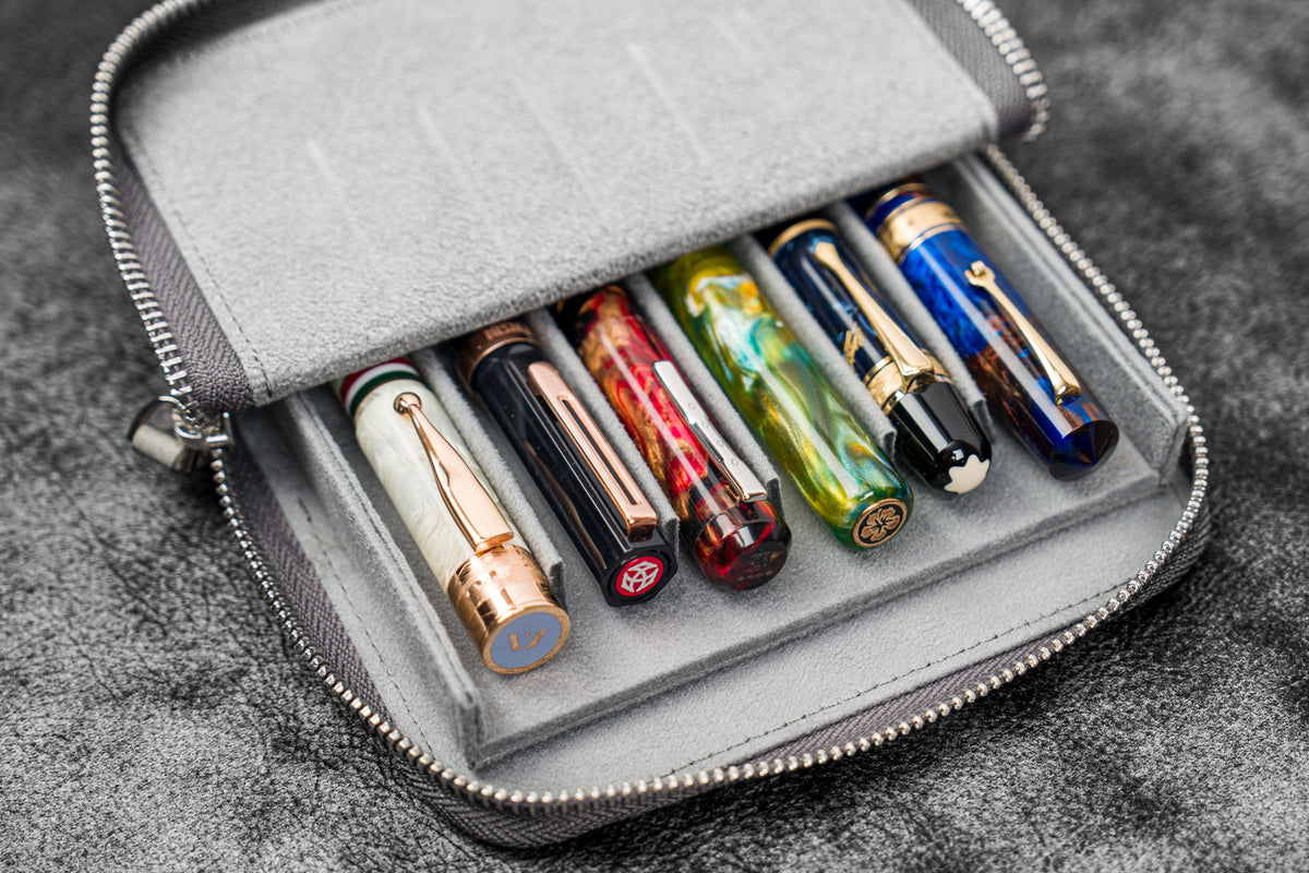 Galen Leather Zippered 6 Slots Magnum Opus Pen Case - Crazy Horse Smoky