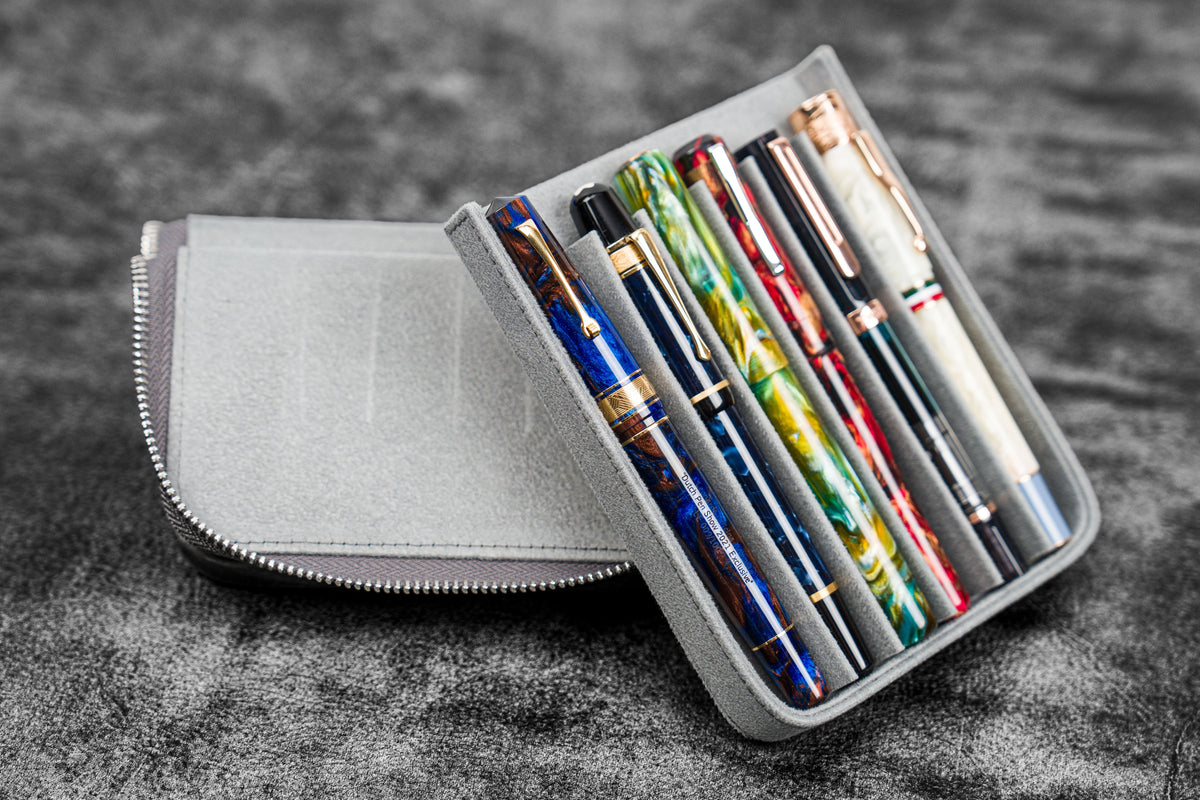 Galen Leather Zippered 6 Slots Magnum Opus Pen Case - Crazy Horse Smoky