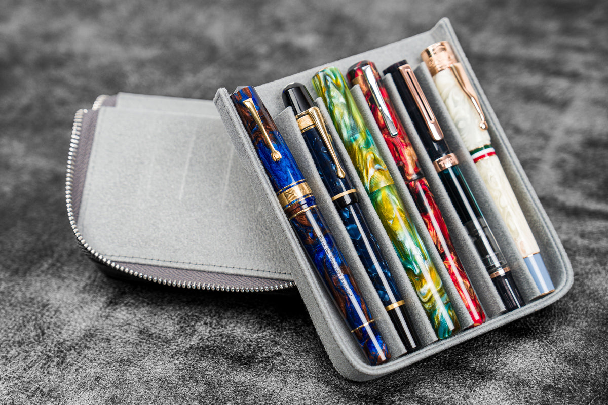 Galen Leather Zippered 6 Slots Magnum Opus Pen Case - Crazy Horse Smoky