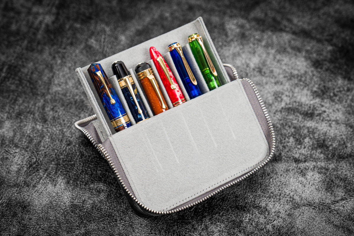 Galen Leather Zippered 6 Slots Magnum Opus Pen Case - Crazy Horse Smoky