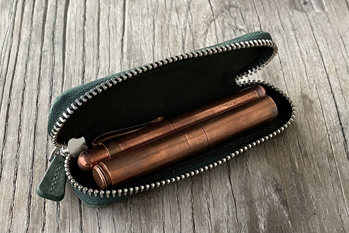 Galen Leather Zippered Single Slot Pen Case for Kaweco Pocket Pen - Crazy Horse Forest Green