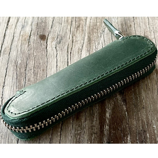 Galen Leather Zippered Single Slot Pen Case for Kaweco Pocket Pen - Crazy Horse Forest Green