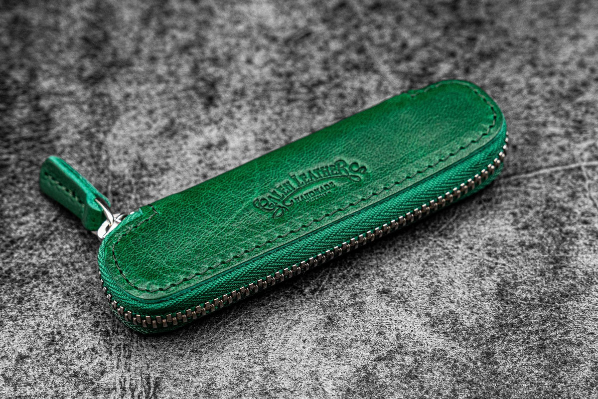 Galen Leather Zippered Single Slot Pen Case for Kaweco Pocket Pen - Vivianite Green