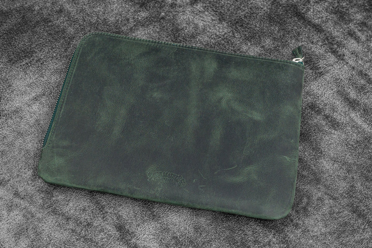 Galen Leather Zippered 7 Slots Writer's Bank Bag/Pen Pouch - Crazy Horse Forest Green