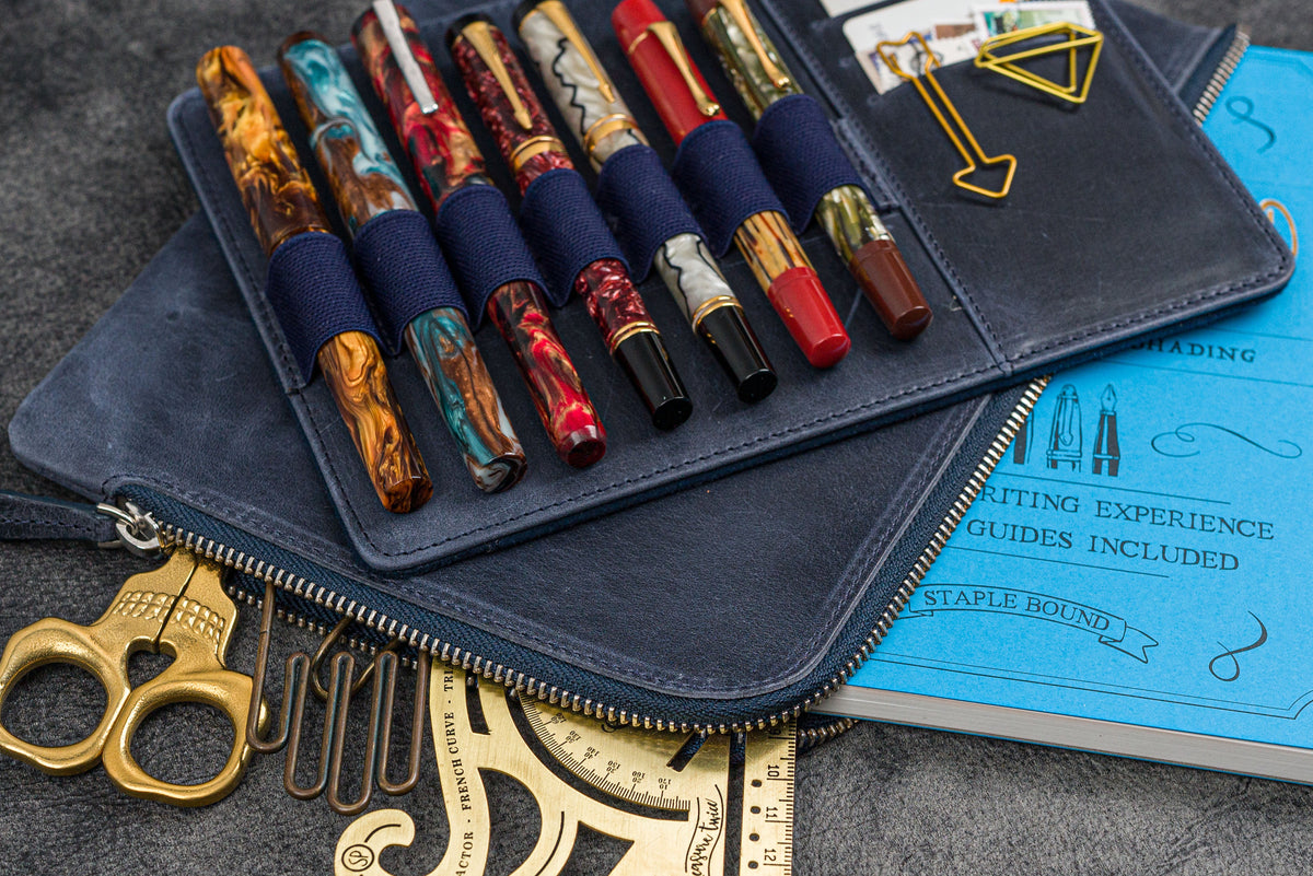 Galen Leather Zippered 7 Slots Writer's Bank Bag/Pen Pouch - Crazy Horse Navy