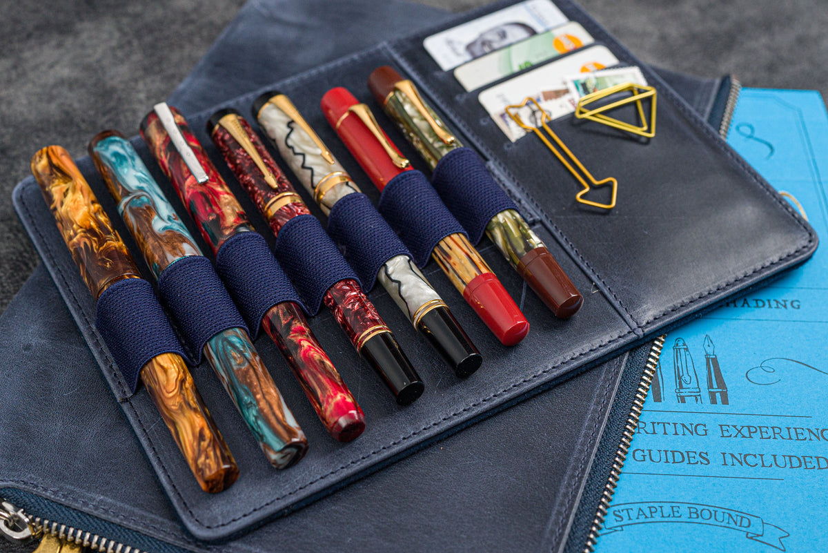 Galen Leather Zippered 7 Slots Writer's Bank Bag/Pen Pouch - Crazy Horse Navy