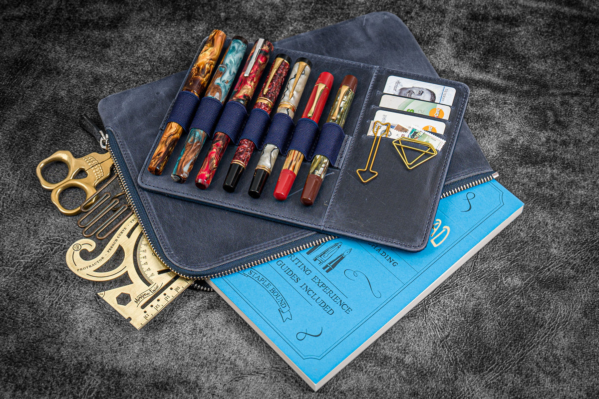 Galen Leather Zippered 7 Slots Writer's Bank Bag/Pen Pouch - Crazy Horse Navy