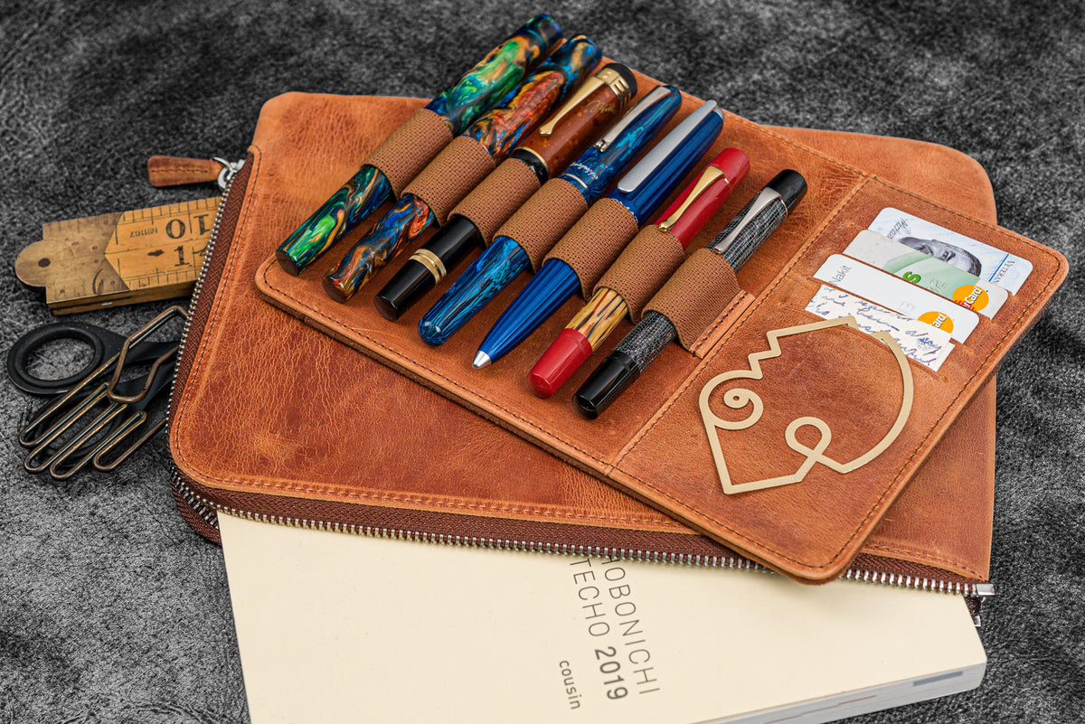 Galen Leather Zippered 7 Slots Writer's Bank Bag/Pen Pouch - Crazy Horse Tan