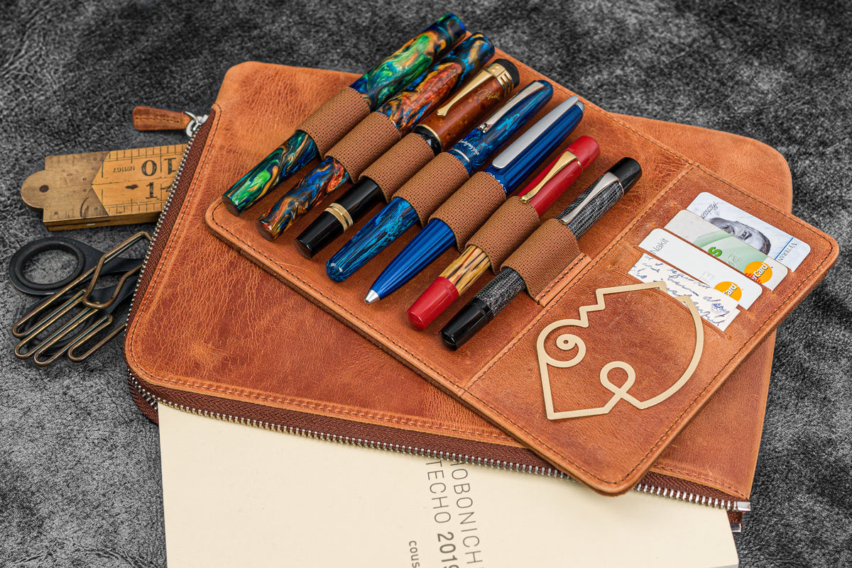 Galen Leather Zippered 7 Slots Writer's Bank Bag/Pen Pouch - Crazy Horse Tan