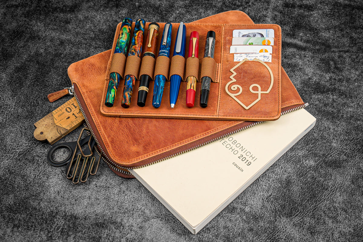 Galen Leather Zippered 7 Slots Writer's Bank Bag/Pen Pouch - Crazy Horse Tan