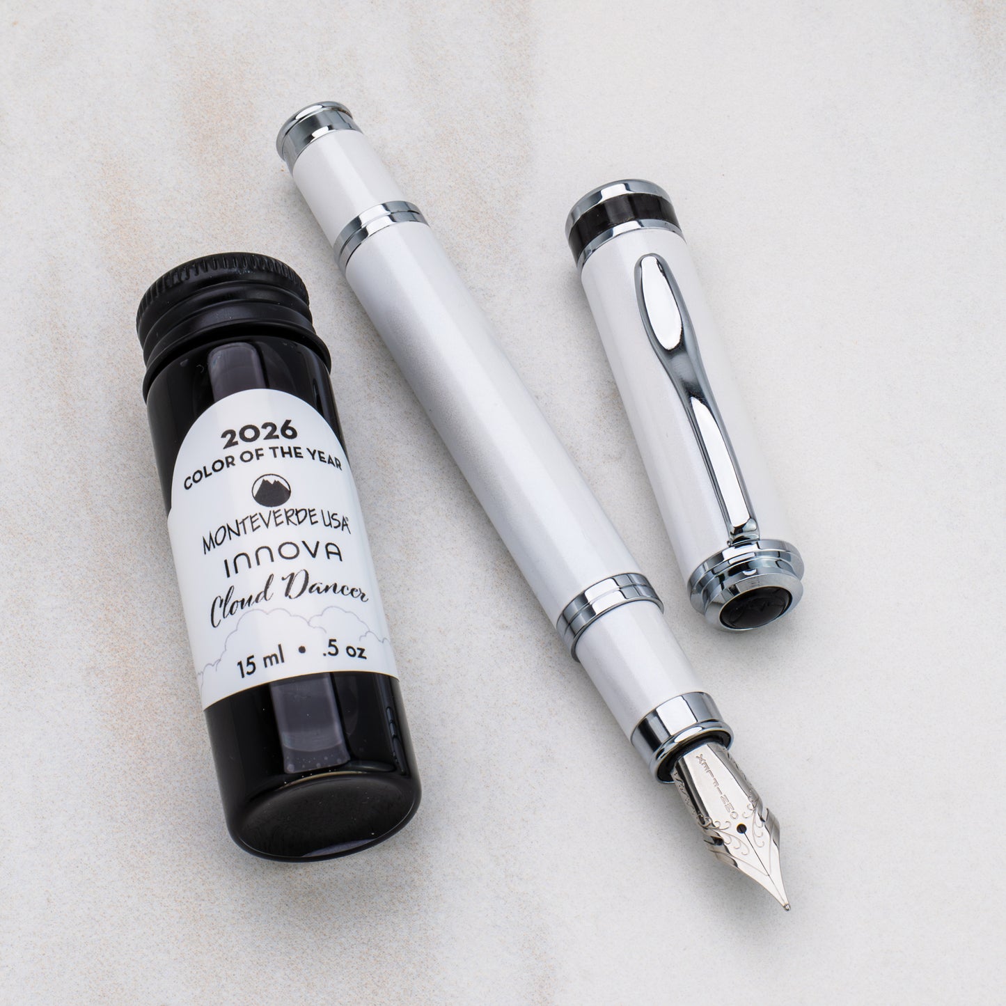 Monteverde Innova 2026 Color of the Year Fountain Pen & 15ml Ink Set - Cloud Dancer with Chrome Trim (Limited Edition)