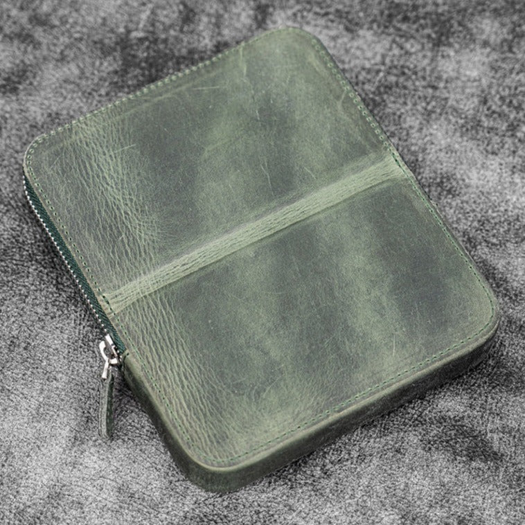 Galen Leather Zippered 6 Slots Magnum Opus Pen Case - Crazy Horse Forest Green