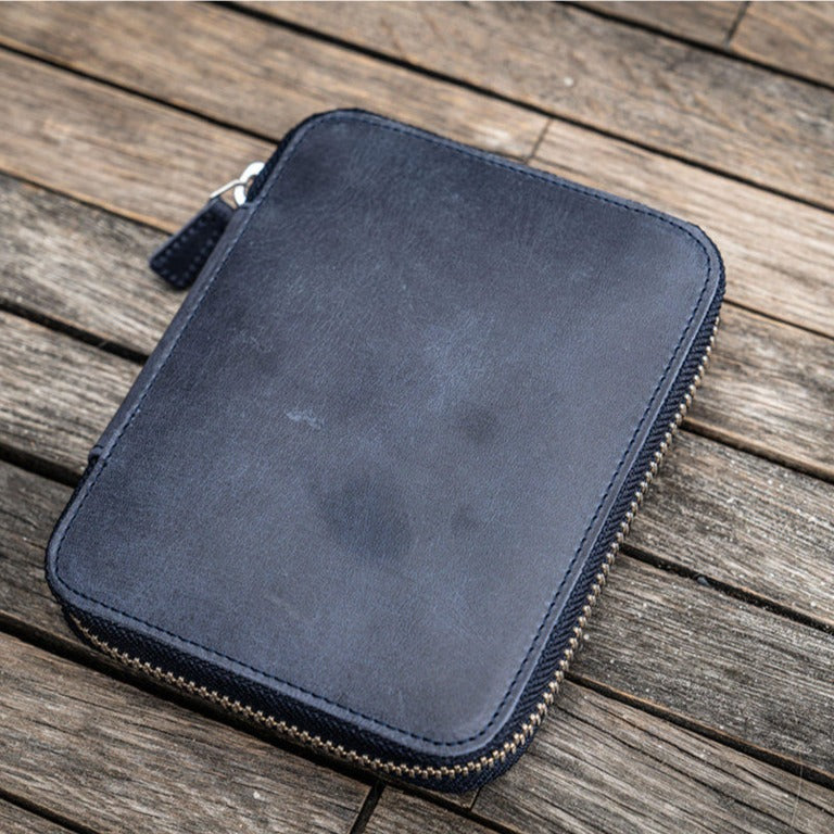 Galen Leather Zippered 10 Slots Pen Case - Crazy Horse Navy