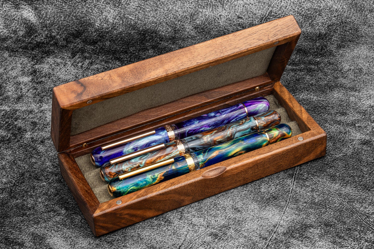 Galen Leather Wooden Pen Display Case with Lid - Burl Walnut