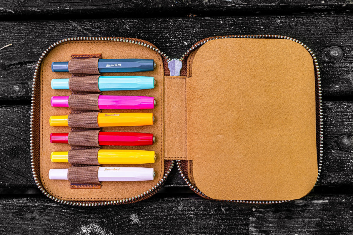Galen Leather Zippered 14 Slots Collector Pen Case for Kaweco Pens - Crazy Horse Brown