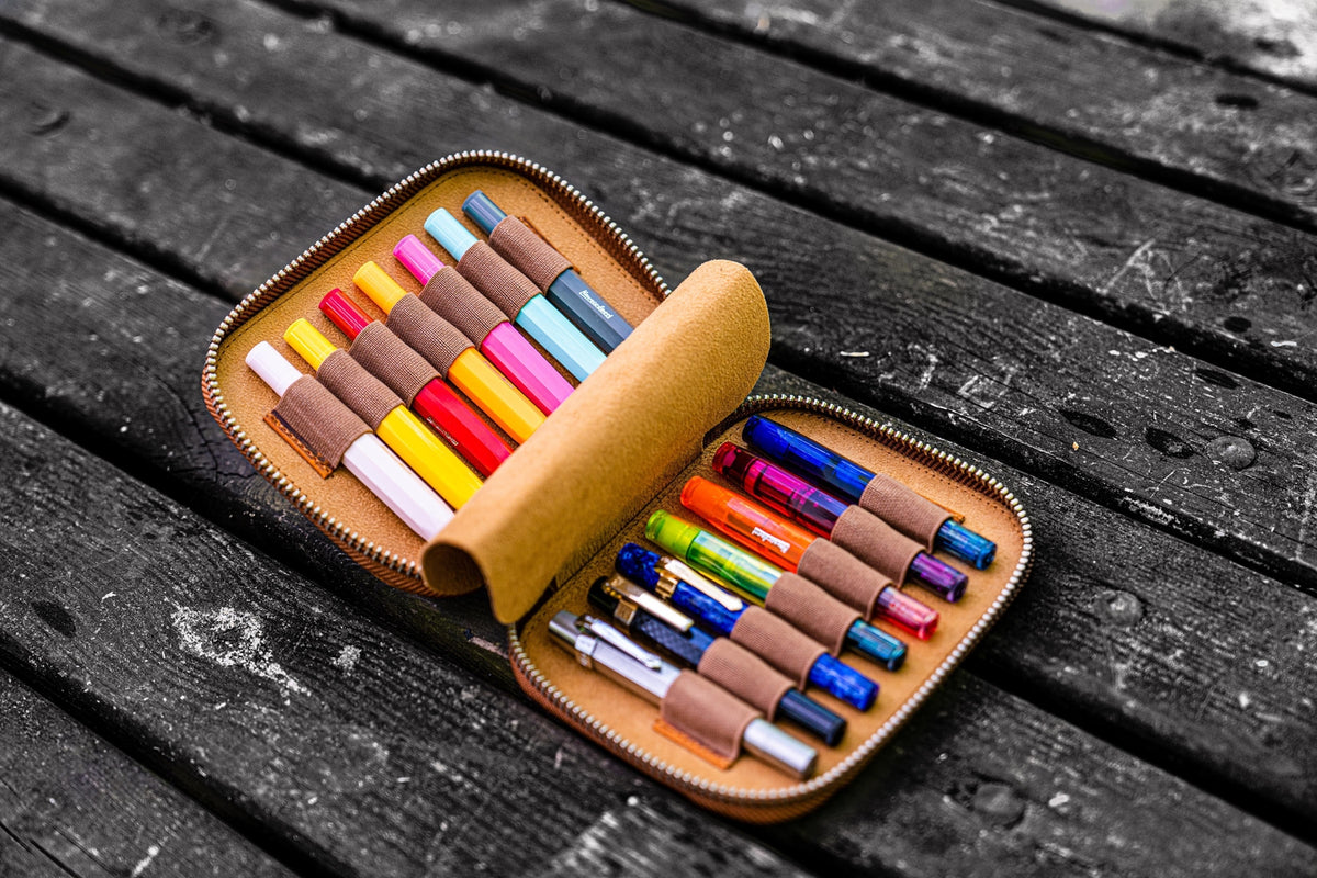 Galen Leather Zippered 14 Slots Collector Pen Case for Kaweco Pens - Crazy Horse Brown
