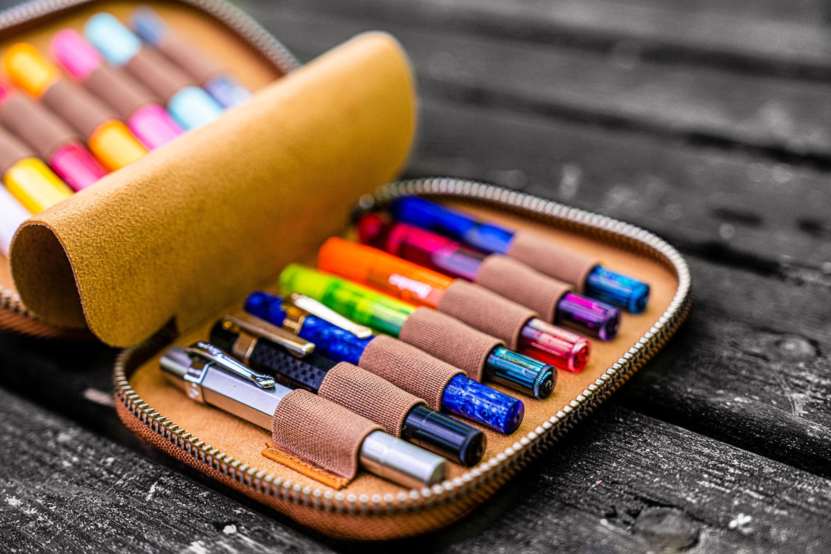 Galen Leather Zippered 14 Slots Collector Pen Case for Kaweco Pens - Crazy Horse Brown