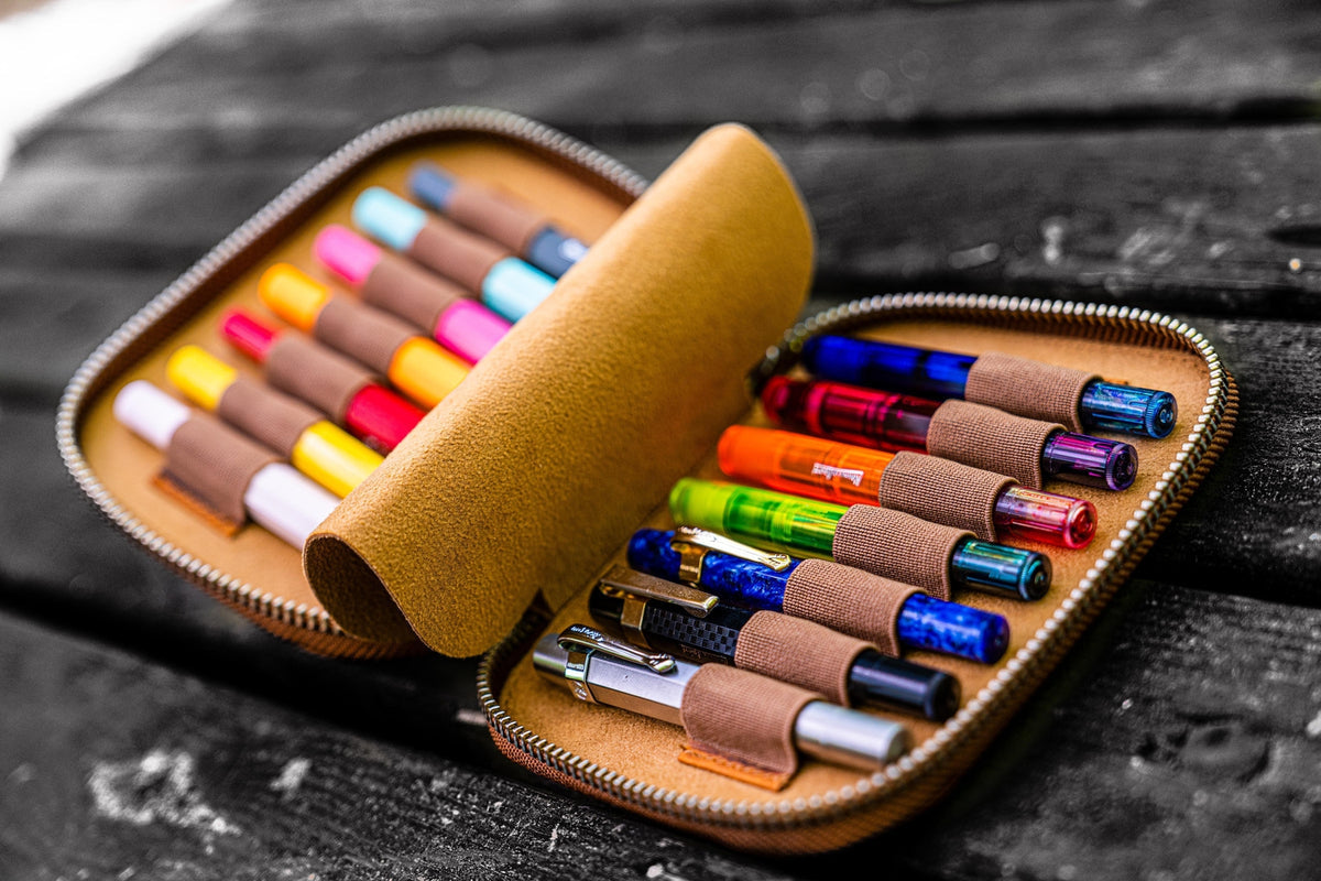 Galen Leather Zippered 14 Slots Collector Pen Case for Kaweco Pens - Crazy Horse Brown