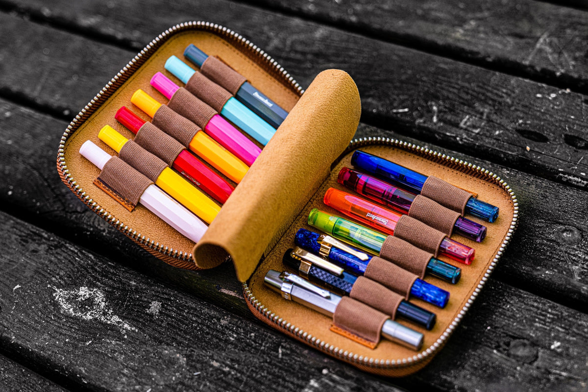 Galen Leather Zippered 14 Slots Collector Pen Case for Kaweco Pens - Crazy Horse Brown