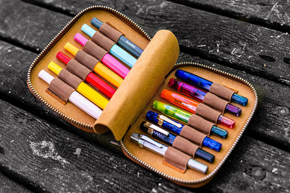 Galen Leather Zippered 14 Slots Collector Pen Case for Kaweco Pens - Crazy Horse Brown