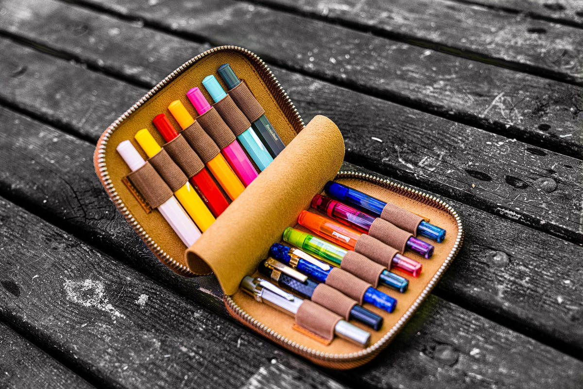 Galen Leather Zippered 14 Slots Collector Pen Case for Kaweco Pens - Crazy Horse Brown