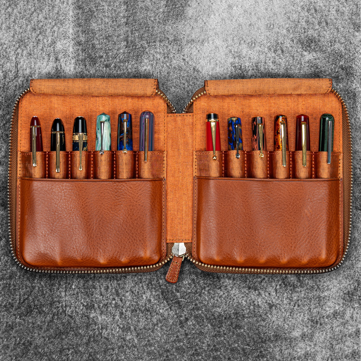 Galen Leather Legacy Collection Zippered 12 Slot Pen Case - Deep Cognac