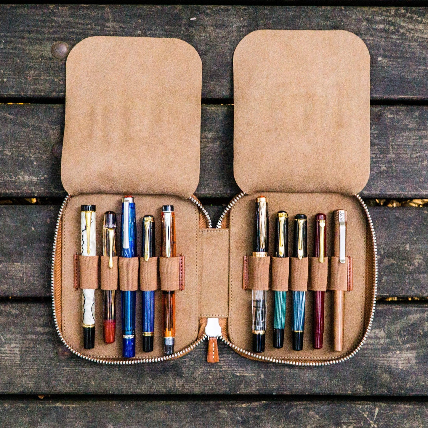 Galen Leather Zippered 10 Slots Pen Case - Brown