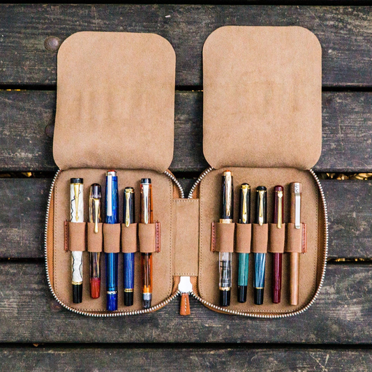 Galen Leather Zippered 10 Slots Pen Case - Brown