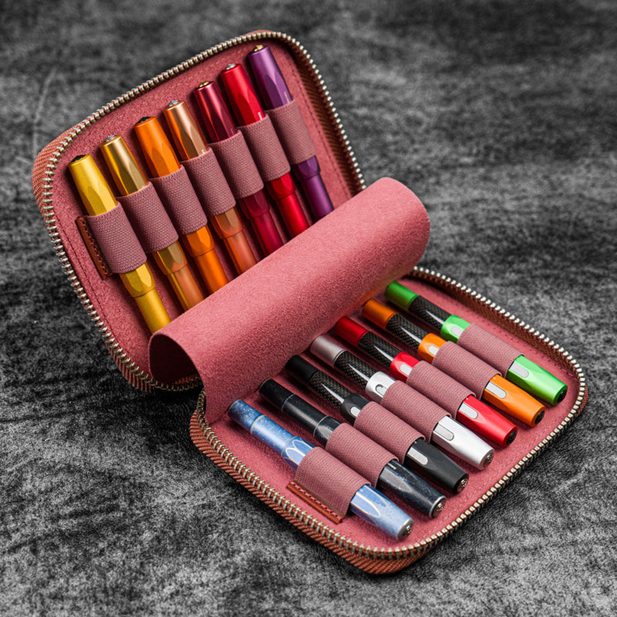 Galen Leather Zippered 14 Slots Collector Pen Case for Kaweco Pens - Crazy Horse Orange