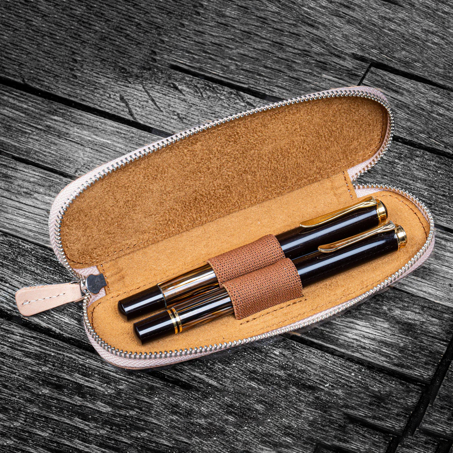 Galen Leather Zippered 2 Slots Slim Pen Case - Undyed Leather