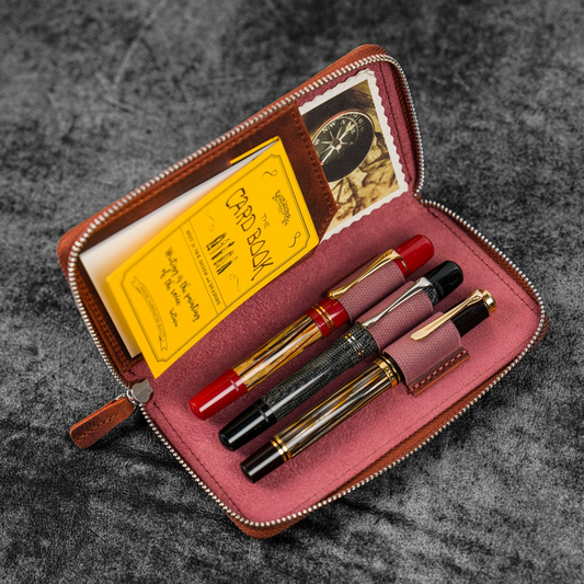 Galen Leather Zippered 3 Slots Pen Case - Crazy Horse Orange