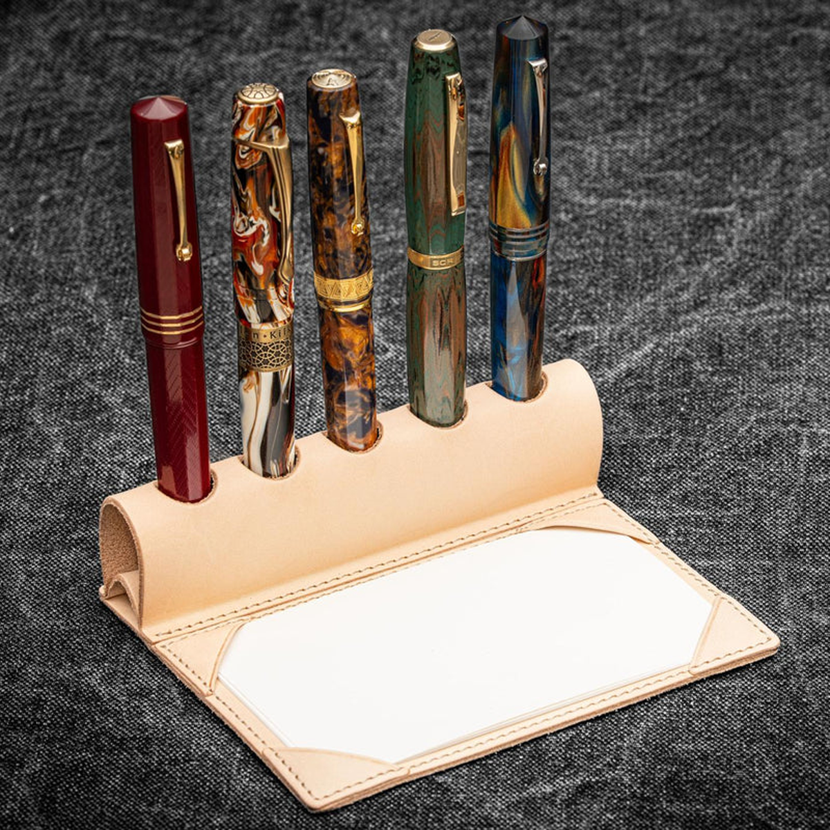Galen Leather The Writer's Pen Dock 5 Slot Pen Stand with Notepad Holder - Undyed Leather