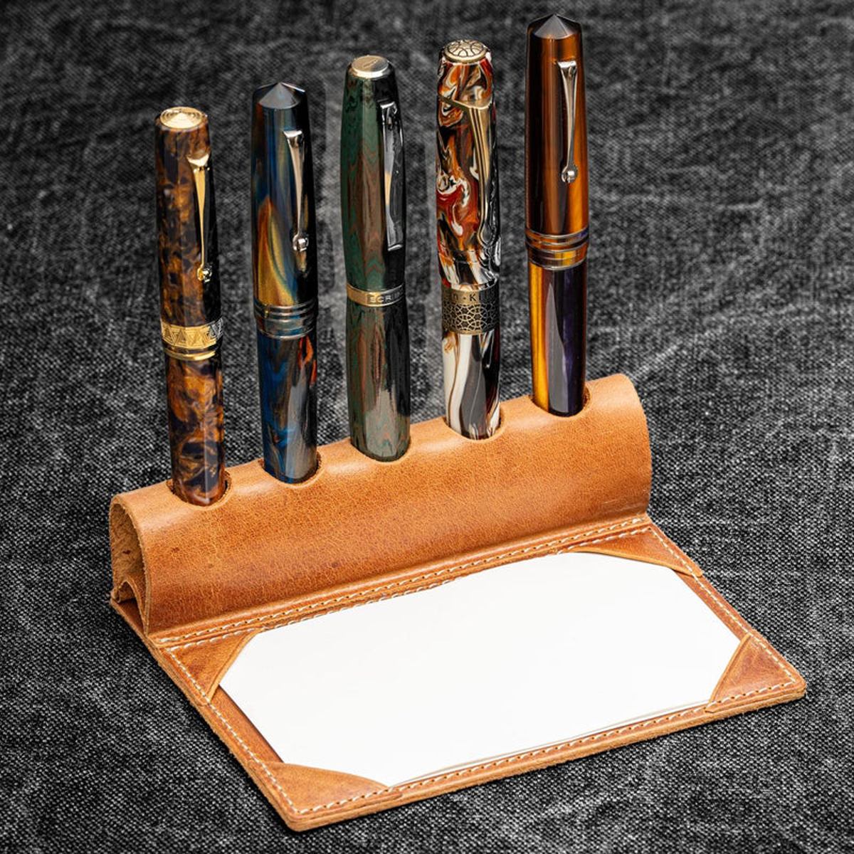 Galen Leather The Writer's Pen Dock 5 Slot Pen Stand with Notepad Holder - Crazy Horse Tan