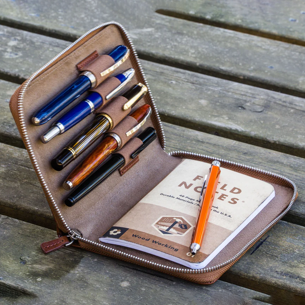 Galen Leather Zippered 5 Slots Pen Case - Brown