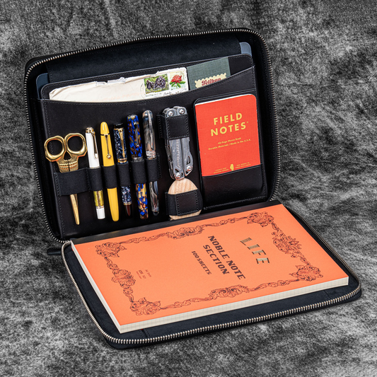 Galen Leather Zippered A4 Folio Compendium Bag - Black