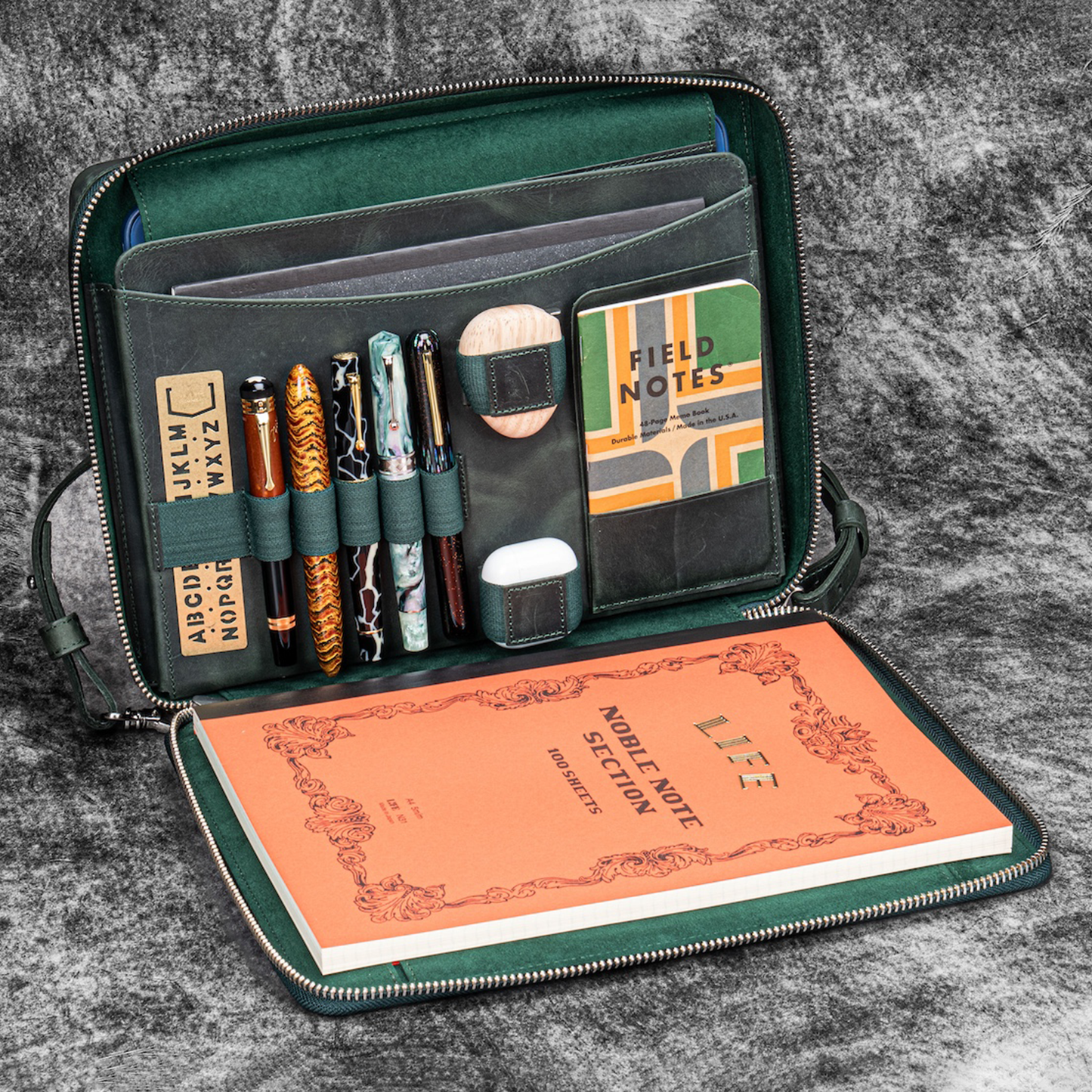 Galen Leather Zippered A4 Folio Compendium Bag - Crazy Horse Forest Green