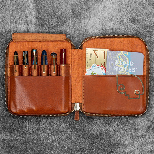 Galen Leather Legacy Collection Zippered 6 Slot Pen Case with A6 Pocket - Deep Cognac