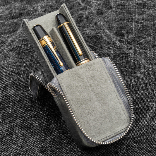 Galen Leather 2 Slot Zippered Magnum Opus Pen Case - Crazy Horse Smoky (with Removable Pen Tray)