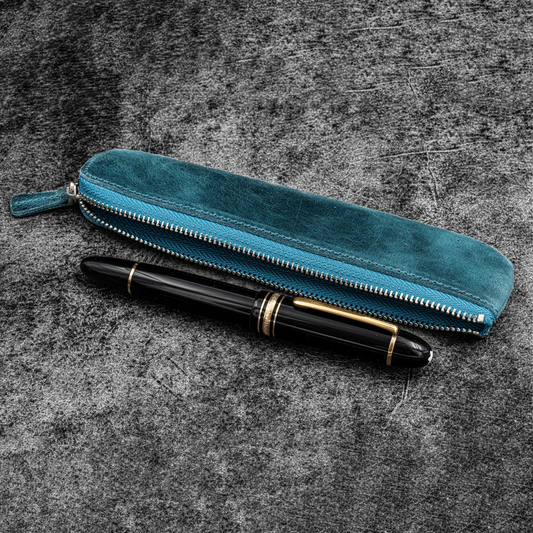 Galen Leather Zippered Single Slot Pen Pouch - Crazy Horse Ocean Blue