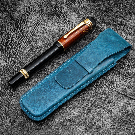 Galen Leather Slim Vintage Single Fountain Pen Sleeve - Crazy Horse Ocean Blue